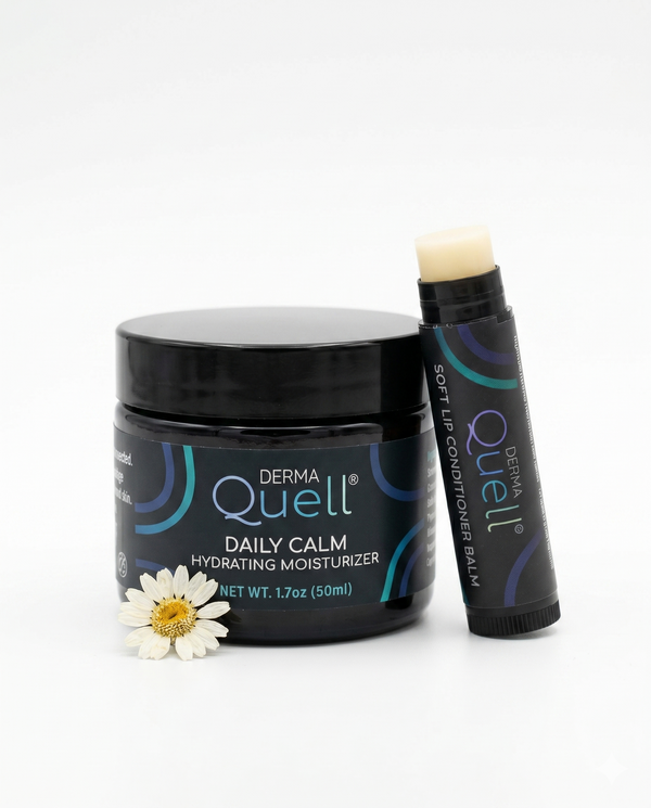 A chamomile flower, a jar of DermaQuell Daily Calm Hydrating Moisturizer, and one Soft Lip Conditioner Balm Nontinted on a white background.