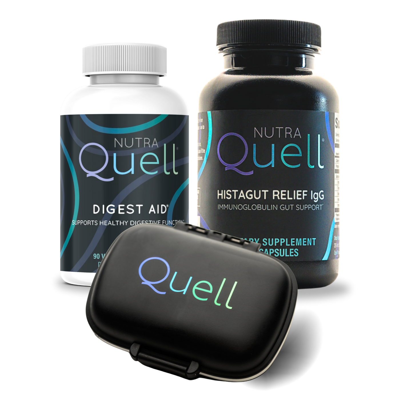Bundle of two NutraQuell supplements, Digest Aid and P2 Detox Balance, and a supplement case