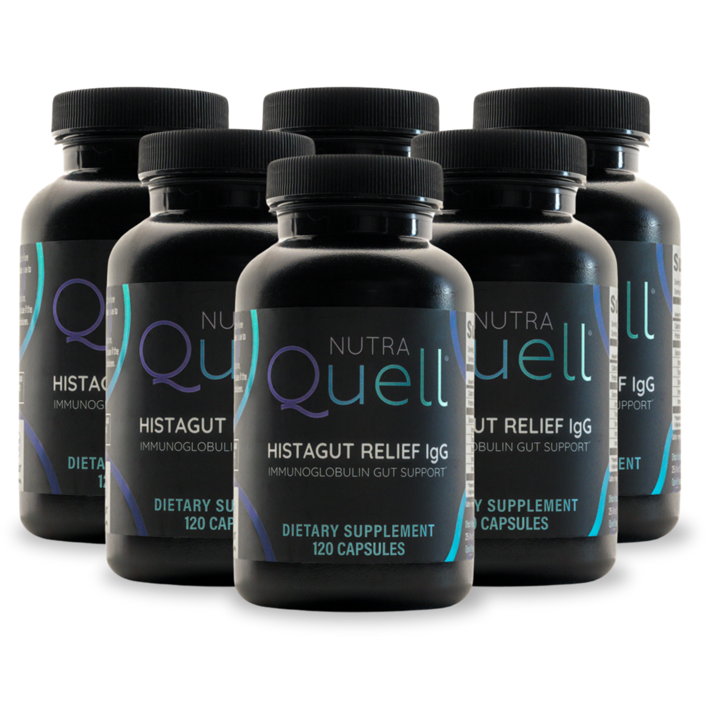 Multiple bottles of NutraQuell Histagut Relief IgG dietary supplements on a white background