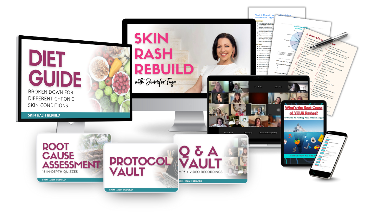 Collection of digital products including diet guides, videos, and assessments on a white background.