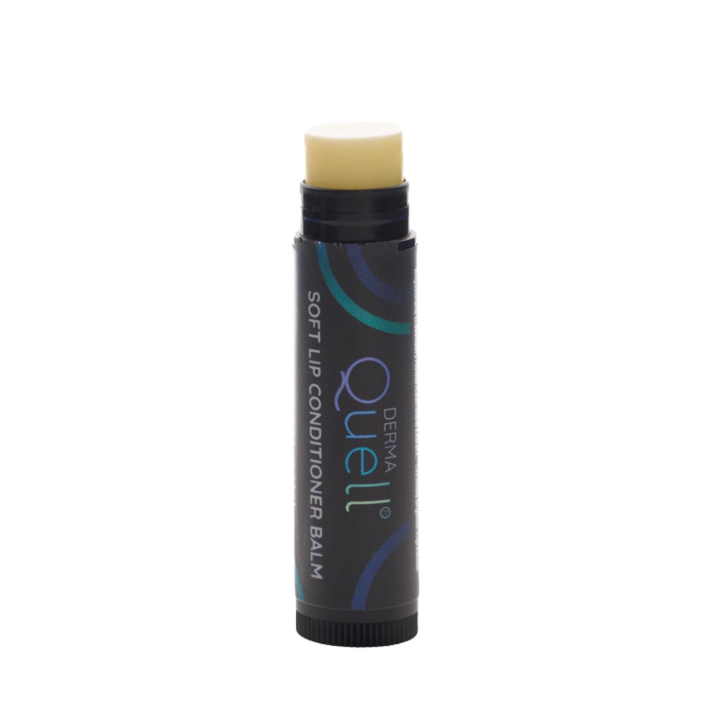 Single lip balm tube with DermaQuell branding with cap removed revealing an untinted lip balm