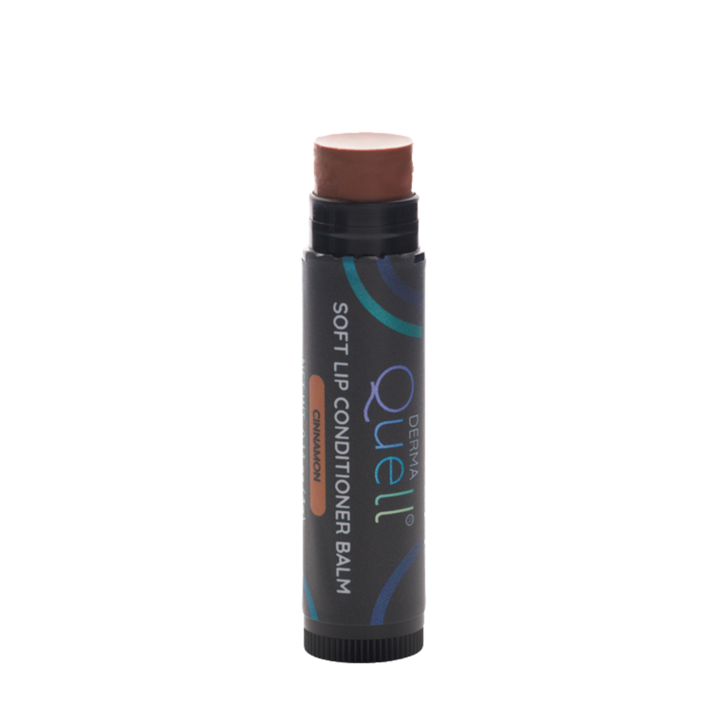 Single lip balm tube with DermaQuell branding with cap removed revealing a brown toned lip balm