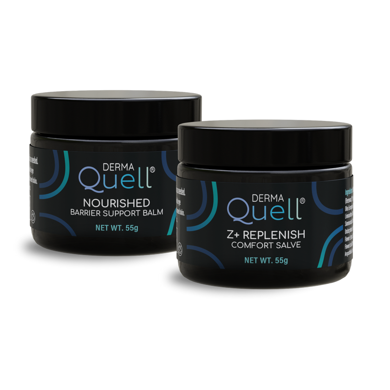 Two black DermaQuell skin care jars on a white background.