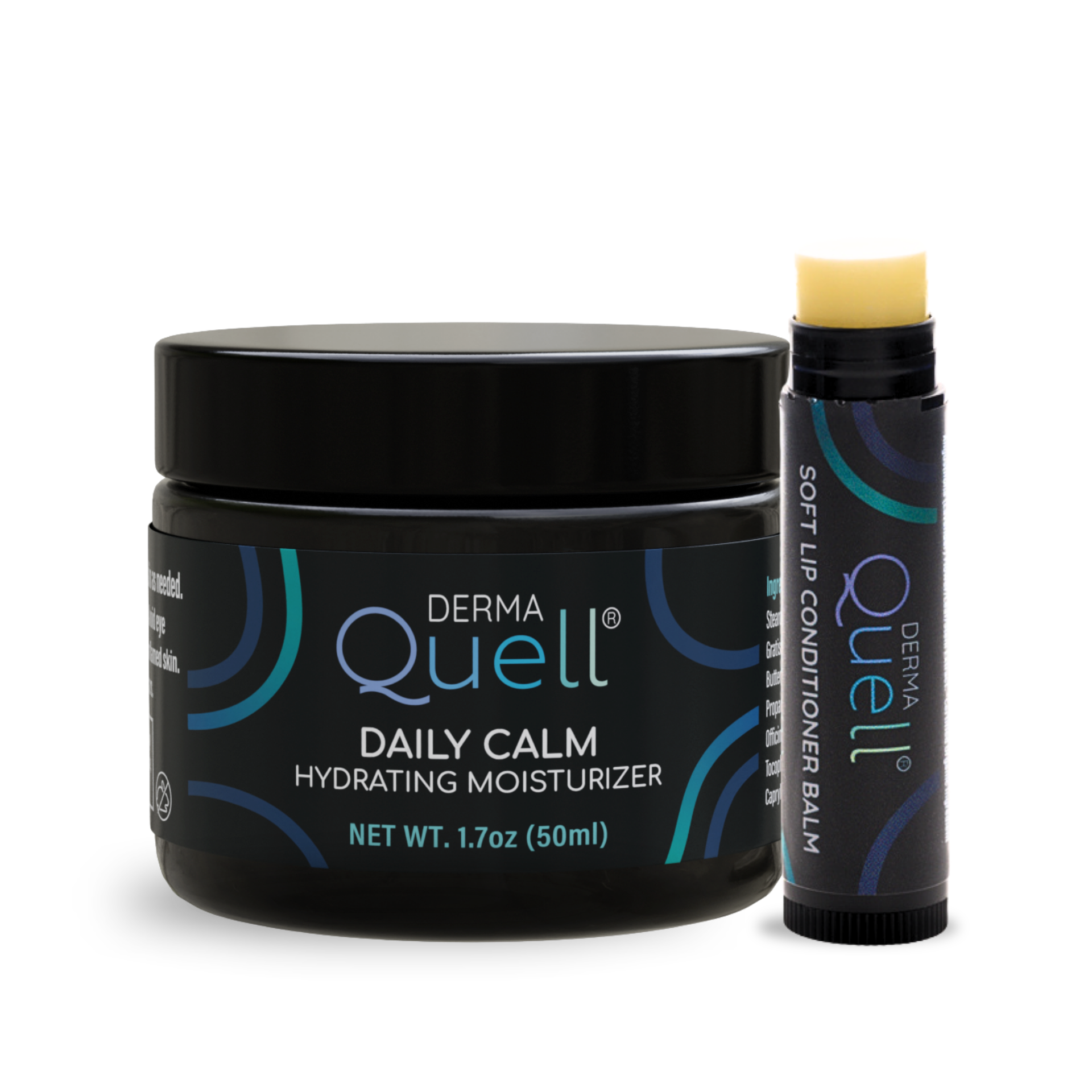 Derma Quell Daily Calm Hydrating Moisturizer jar and Untinted Soft Lip Conditioner Balm on a white background