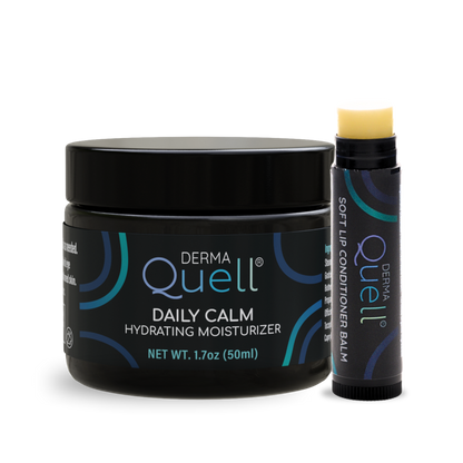 Derma Quell Daily Calm Hydrating Moisturizer jar and Untinted Soft Lip Conditioner Balm on a white background