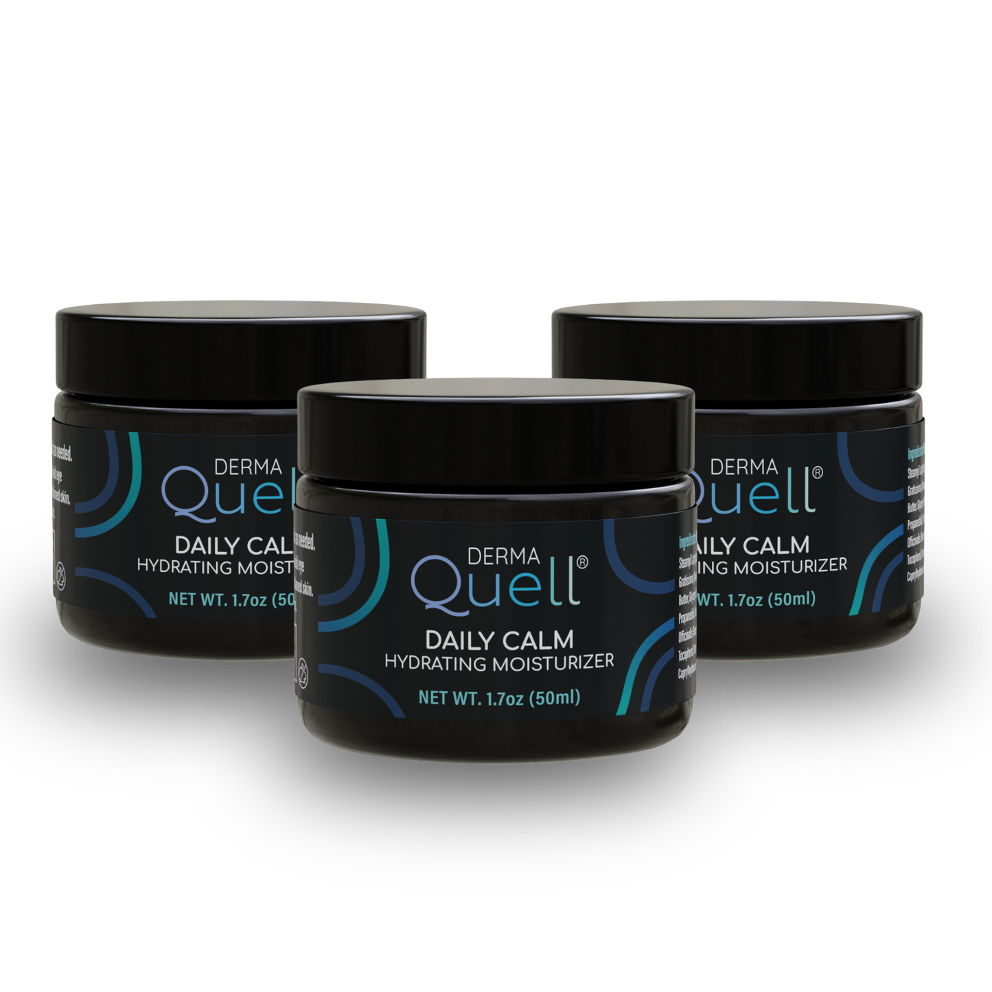 Three jars of DermaQuell Daily Calm Hydrating Moisturizer on a white background