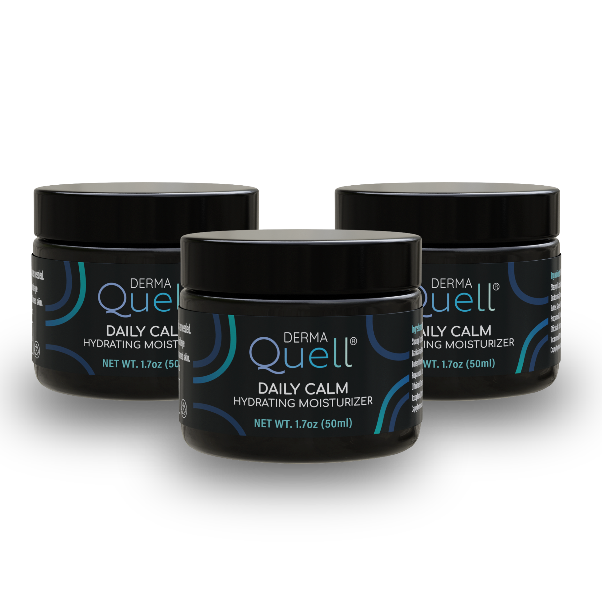Three jars of DermaQuell Daily Calm Hydrating Moisturizer on a white background