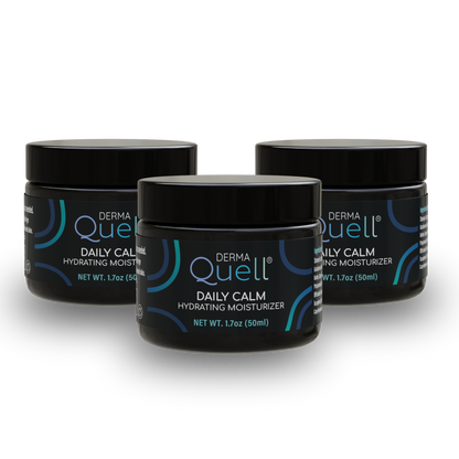 Three jars of DermaQuell Daily Calm Hydrating Moisturizer on a white background