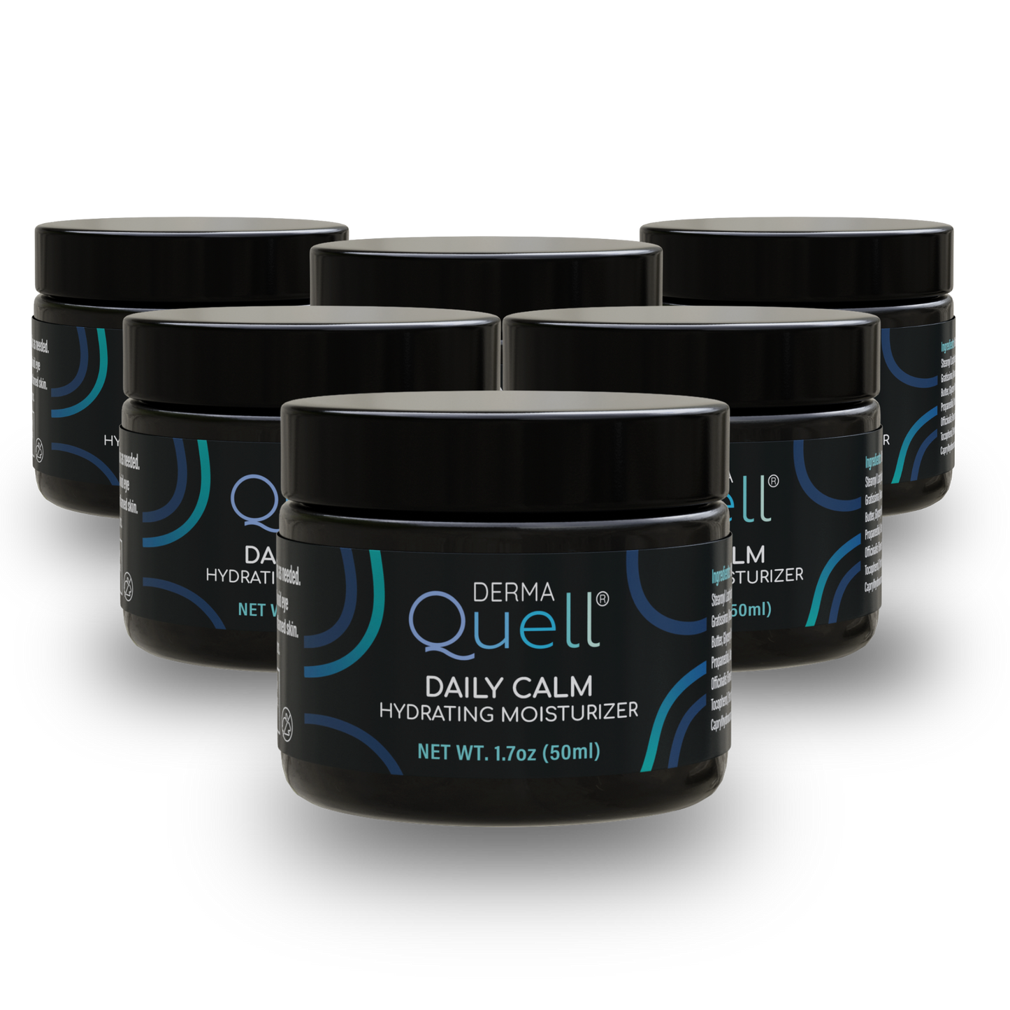 Multiple jars of DermaQuell Daily Calm Hydrating Moisturizer on a white background