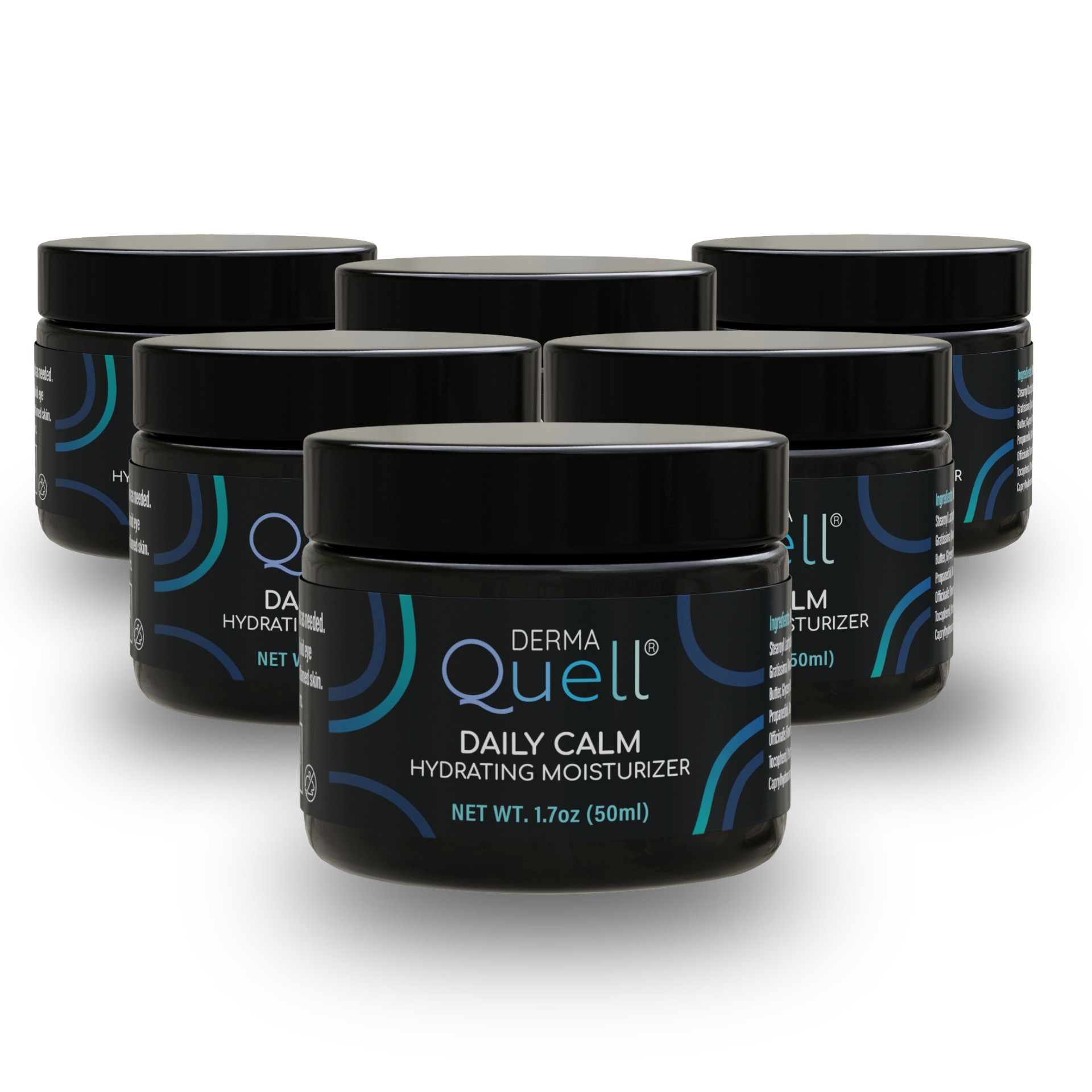 Multiple jars of DermaQuell Daily Calm Hydrating Moisturizer on a white background