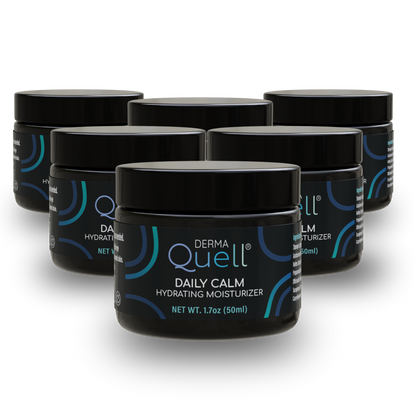Multiple jars of DermaQuell Daily Calm Hydrating Moisturizer on a white background