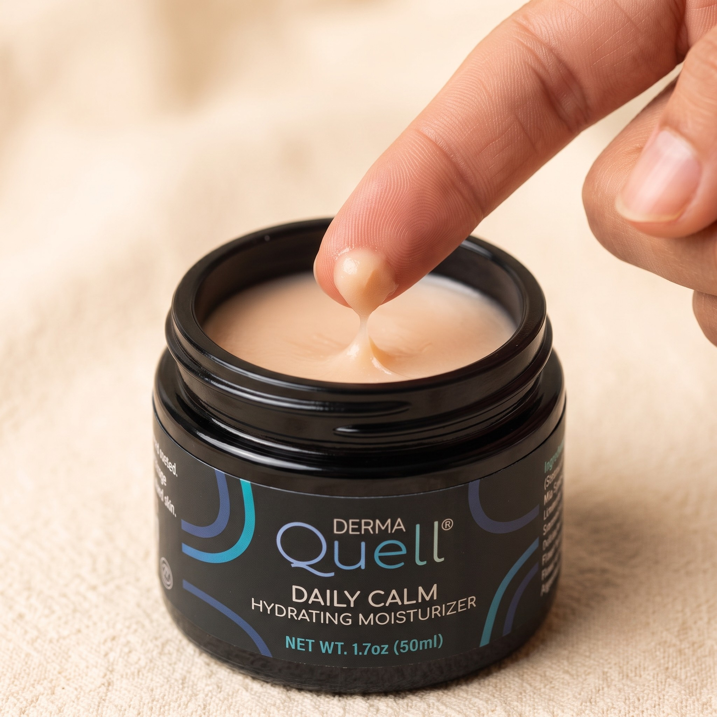 Finger scooping DermaQuell Daily Calm Hydrating Moisturizer from an open jar.