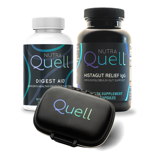 Bundle of two NutraQuell supplements, Digest Aid and P2 Detox Balance, and a supplement case