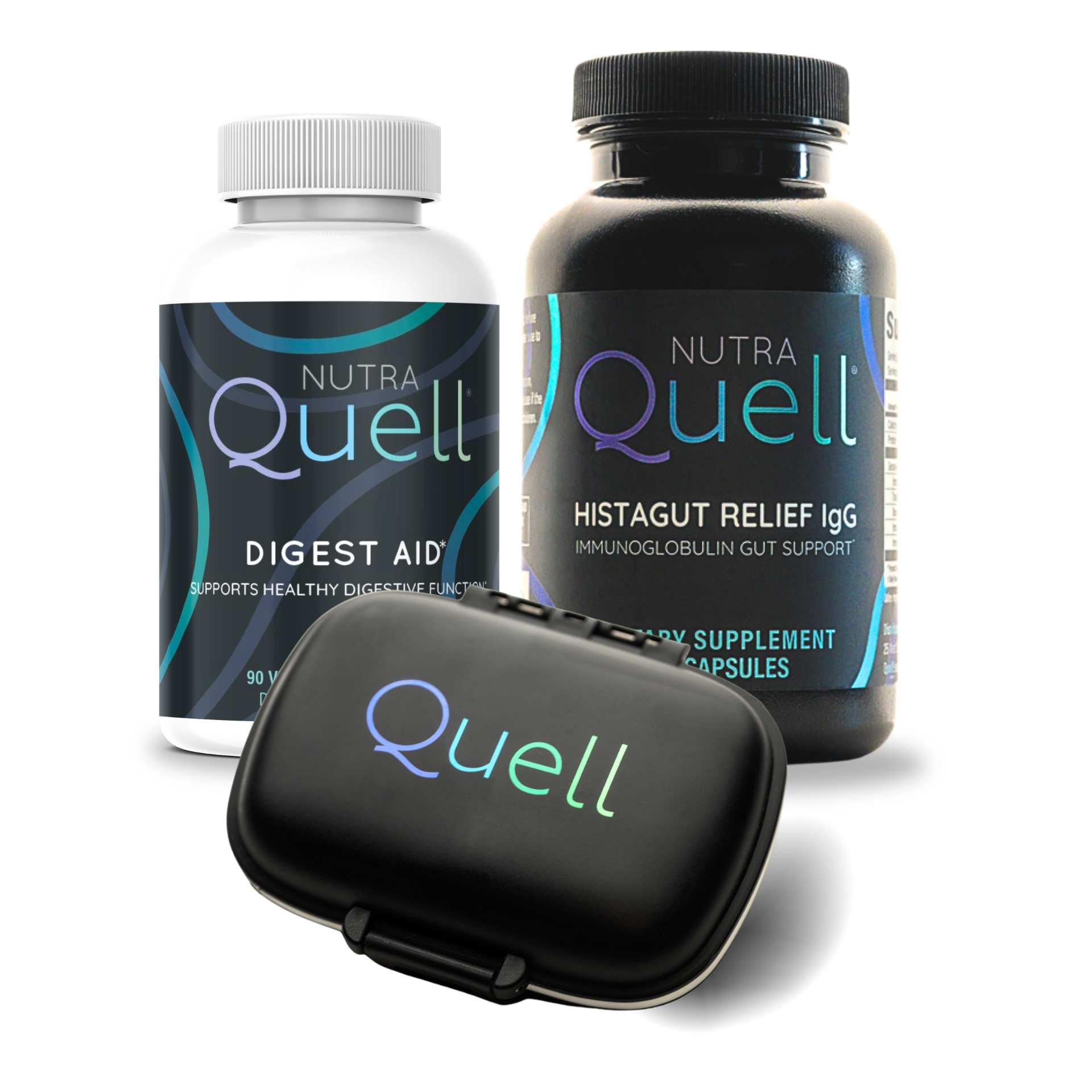 Bundle of two NutraQuell supplements, Digest Aid and P2 Detox Balance, and a supplement case
