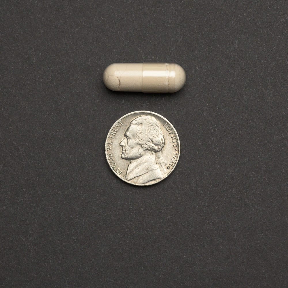 White capsule pill next to a nickel on a dark background