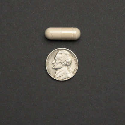 White capsule pill next to a nickel on a dark background