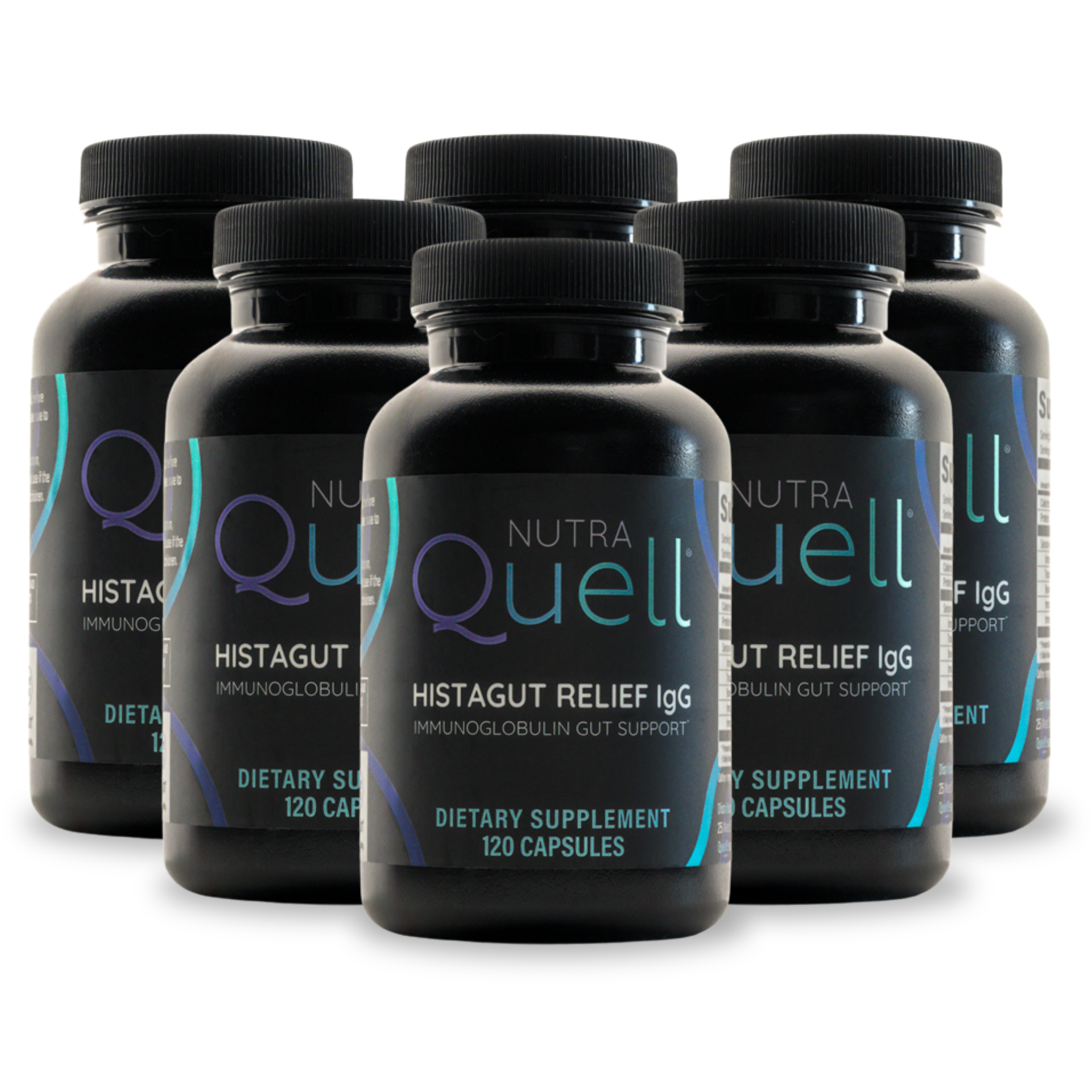 Multiple bottles of NutraQuell Histagut Relief IgG dietary supplements on a white background