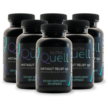 Multiple bottles of NutraQuell Histagut Relief IgG dietary supplements on a white background