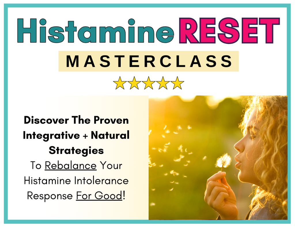 “Histamine RESET Masterclass” with a photo of a person holding a dandelion.