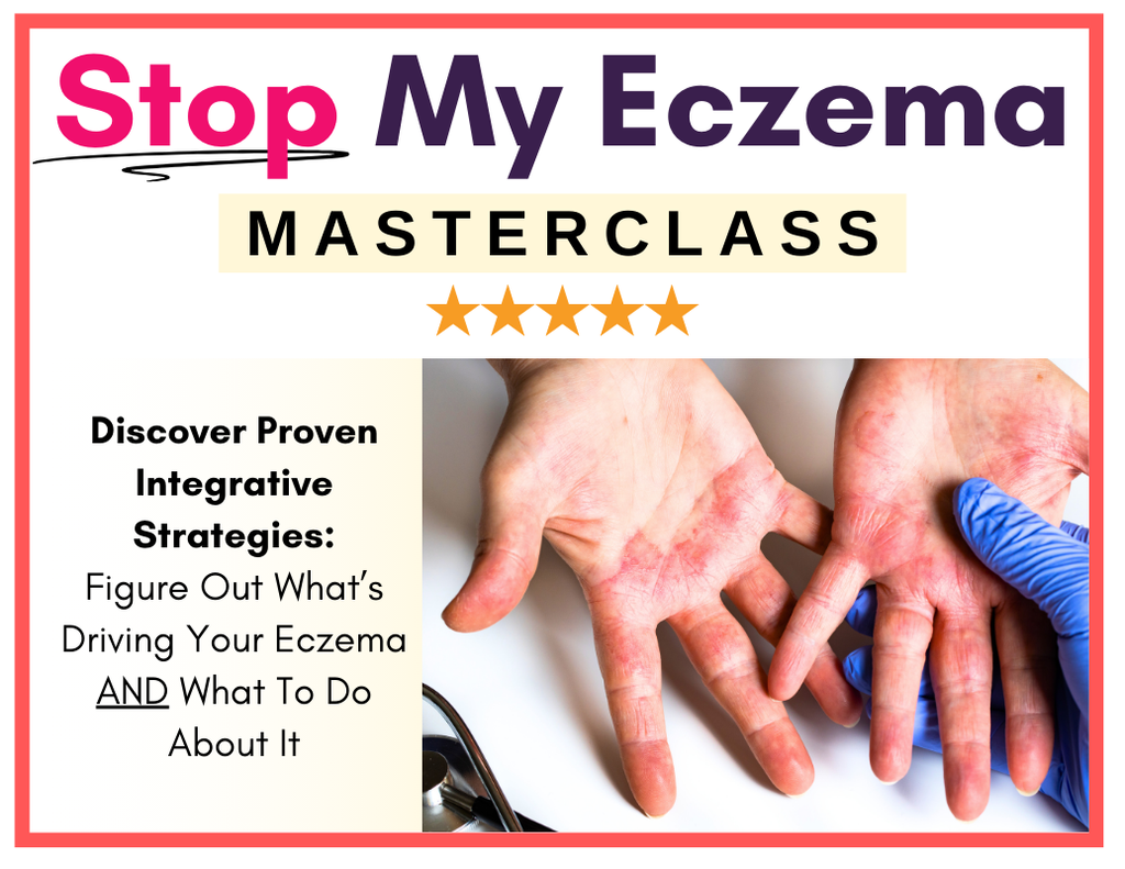 “Stop My Eczema Masterclass” with a photo of hands affected by eczema.