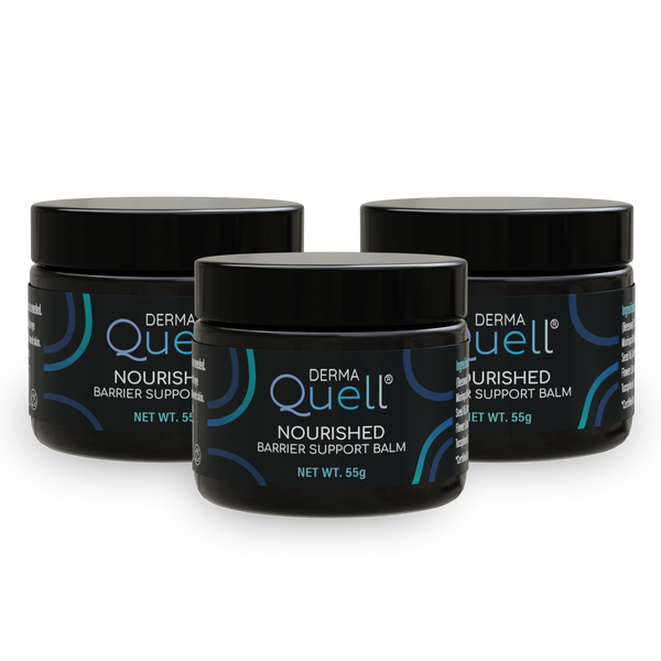 Three black DermaQuell skin care jars on a white background.