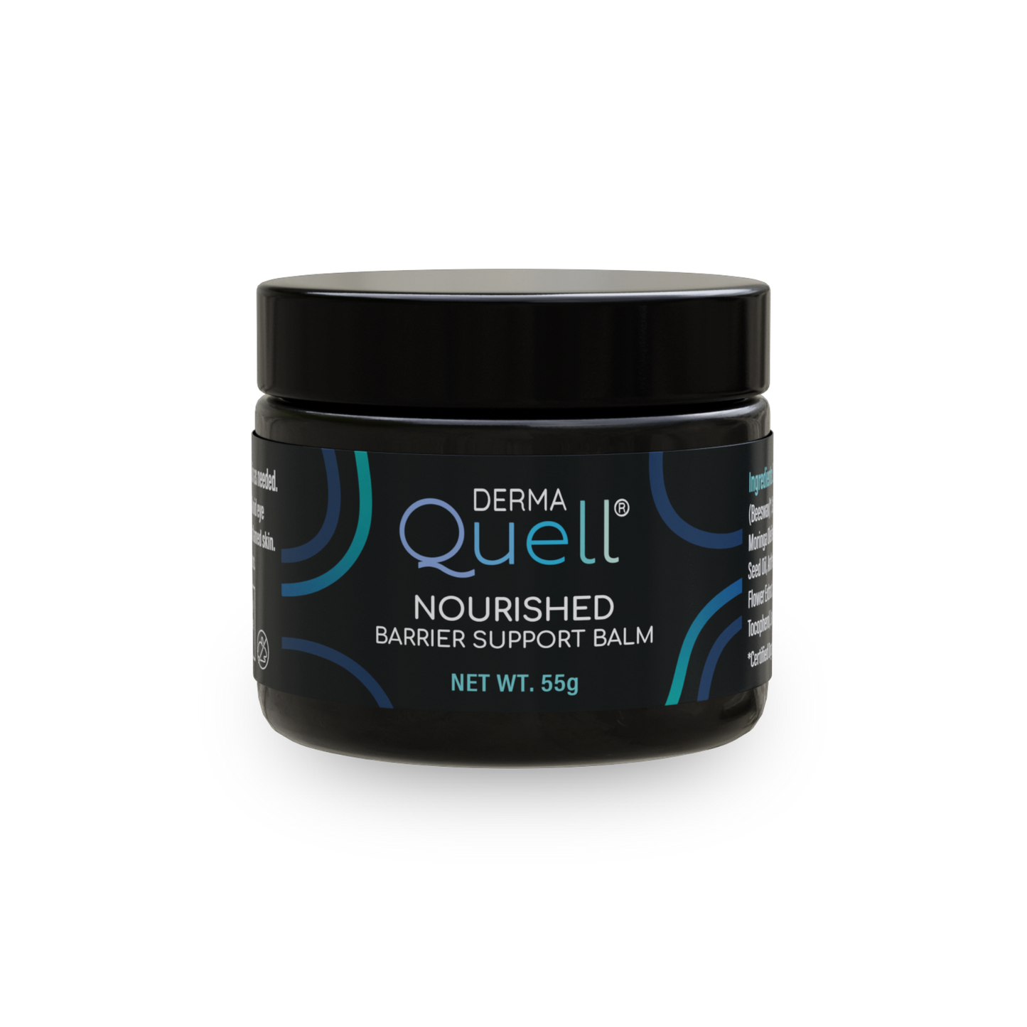 Black jar of DermaQuell Nourished Barrier Support Balm on a white background