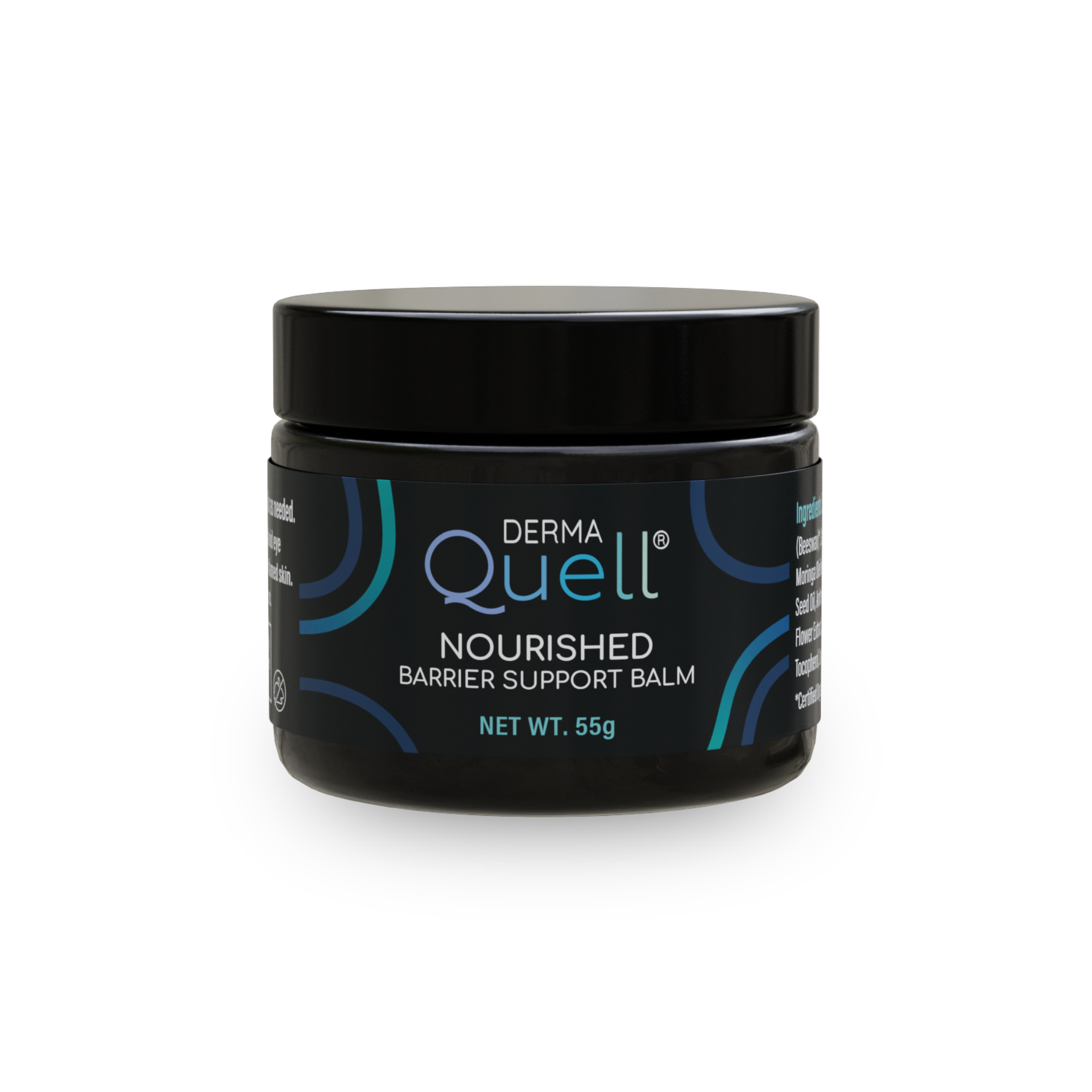Black jar of DermaQuell Nourished Barrier Support Balm on a white background