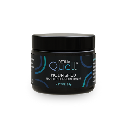 Black jar of DermaQuell Nourished Barrier Support Balm on a white background