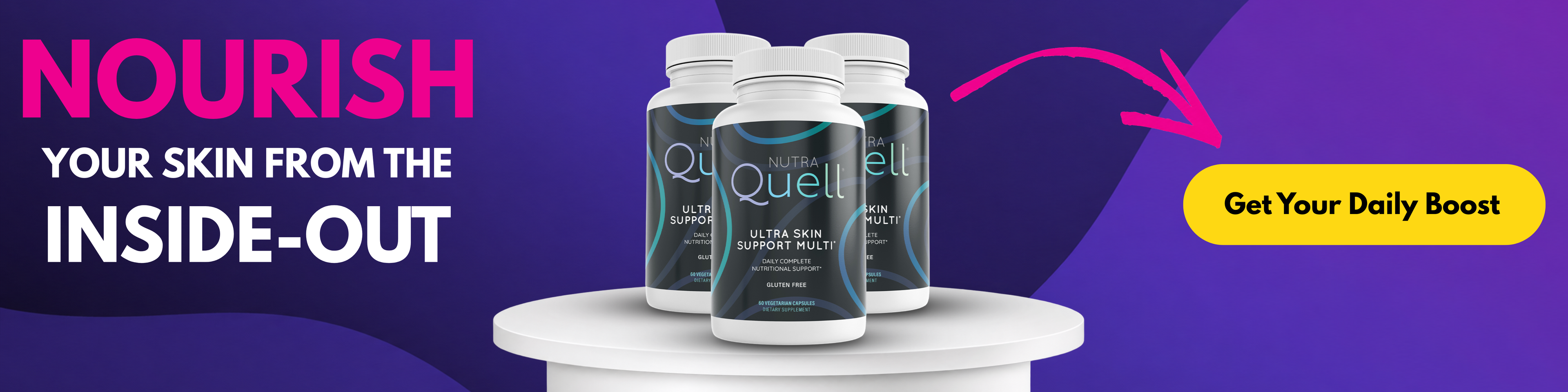 Three bottles of Quell Ultra Skin Support Multi on a white pedestal against a purple background.