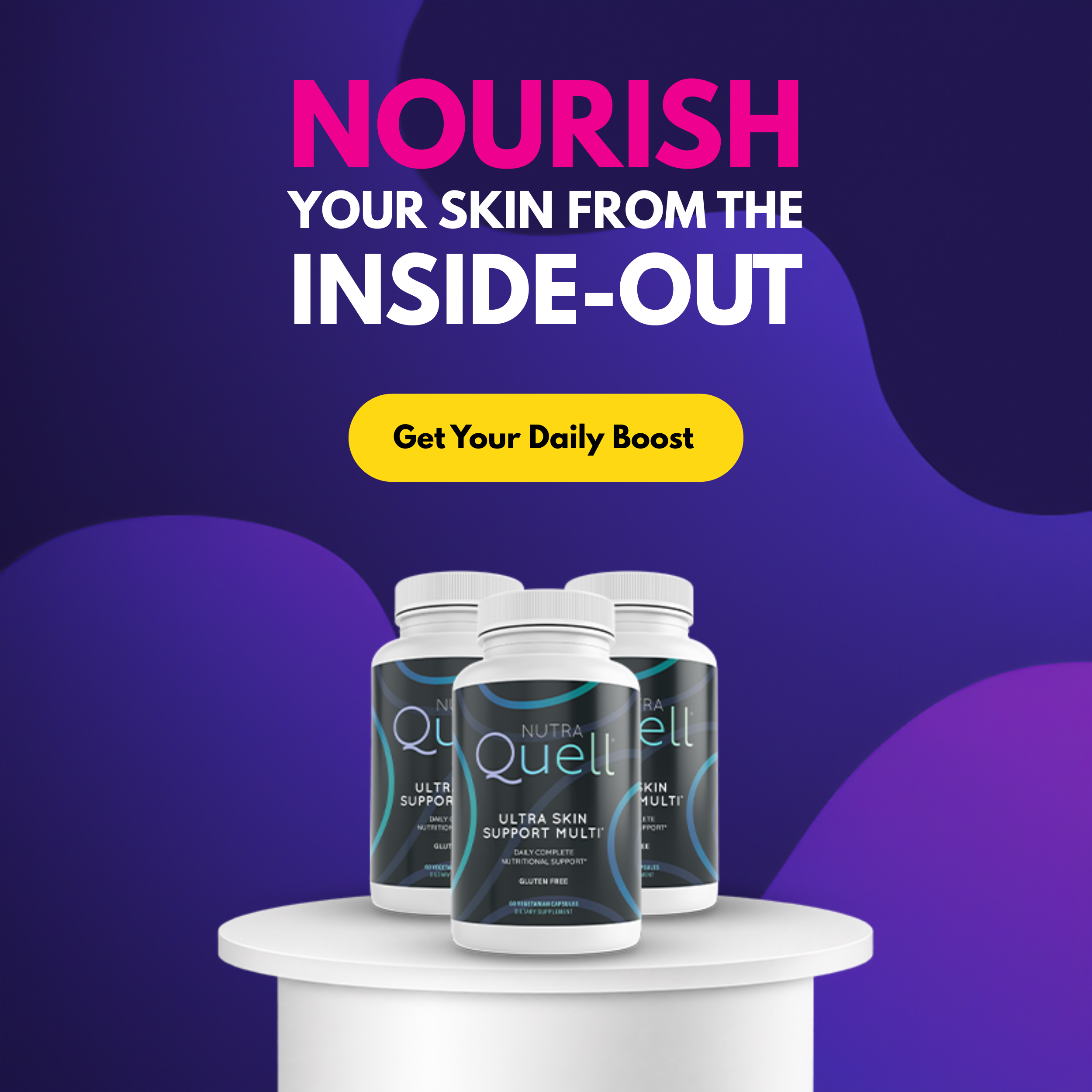 Three bottles of Quell Ultra Skin Support Multi on a white pedestal against a purple background.