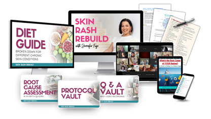 Collection of digital products including diet guides, videos, and assessments on a white background.