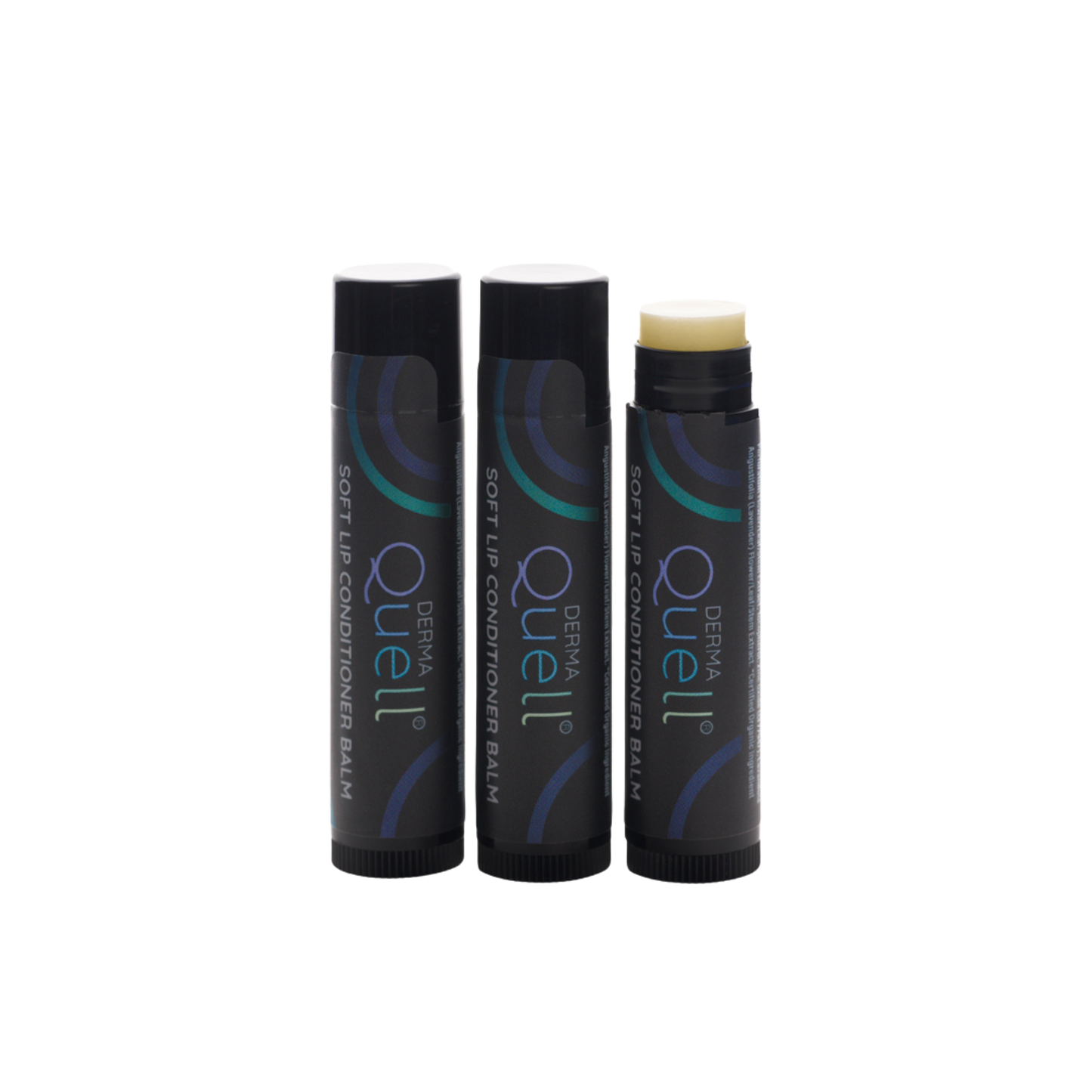 Three lip balm tubes with cap removed on one tube revealing an untinted lip balm 