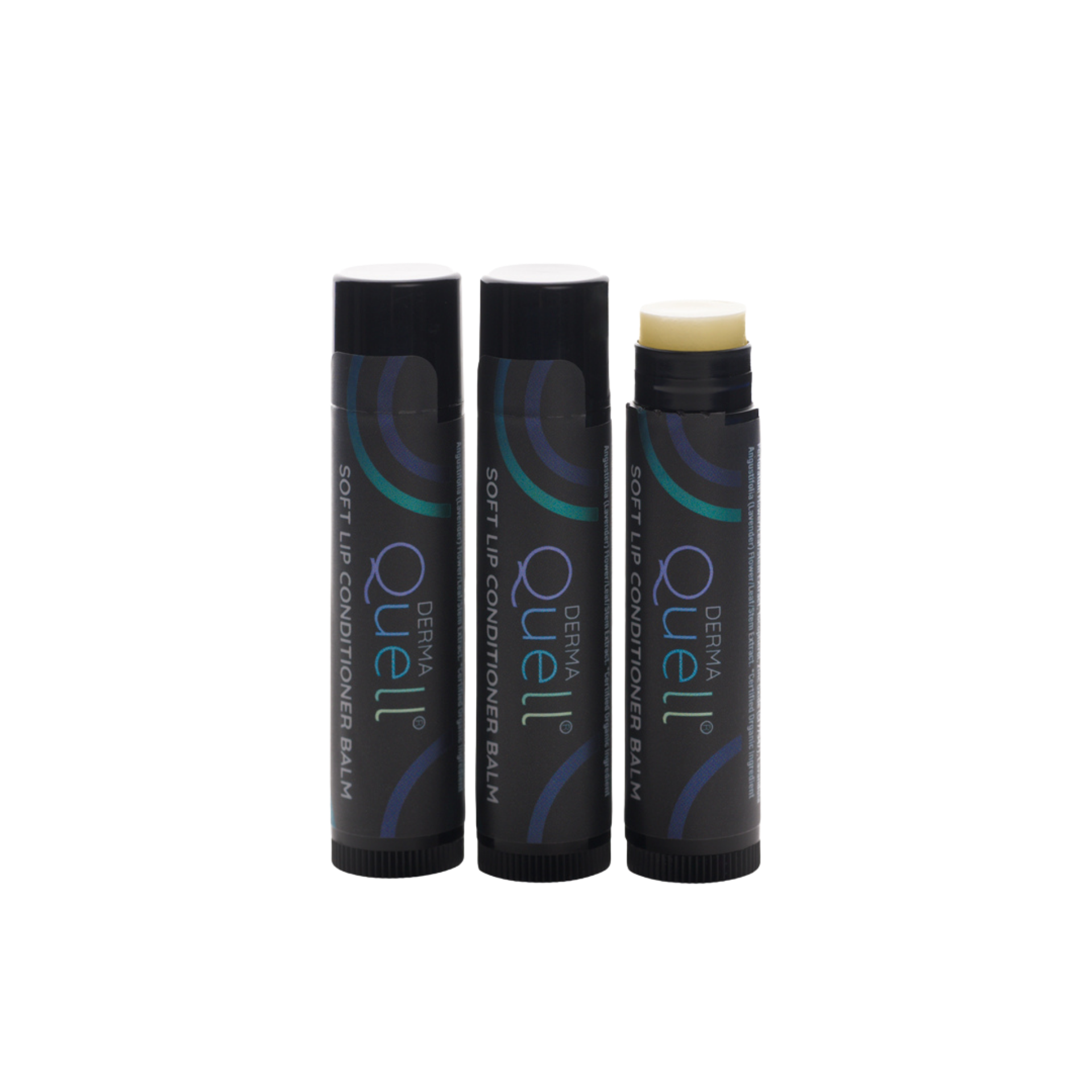 Three lip balm tubes with cap removed on one tube revealing an untinted lip balm 
