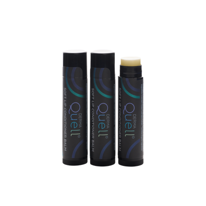 Three lip balm tubes with cap removed on one tube revealing an untinted lip balm 