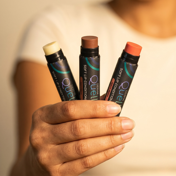 Three lip balm tubes with lids removed, one white balm labeled 