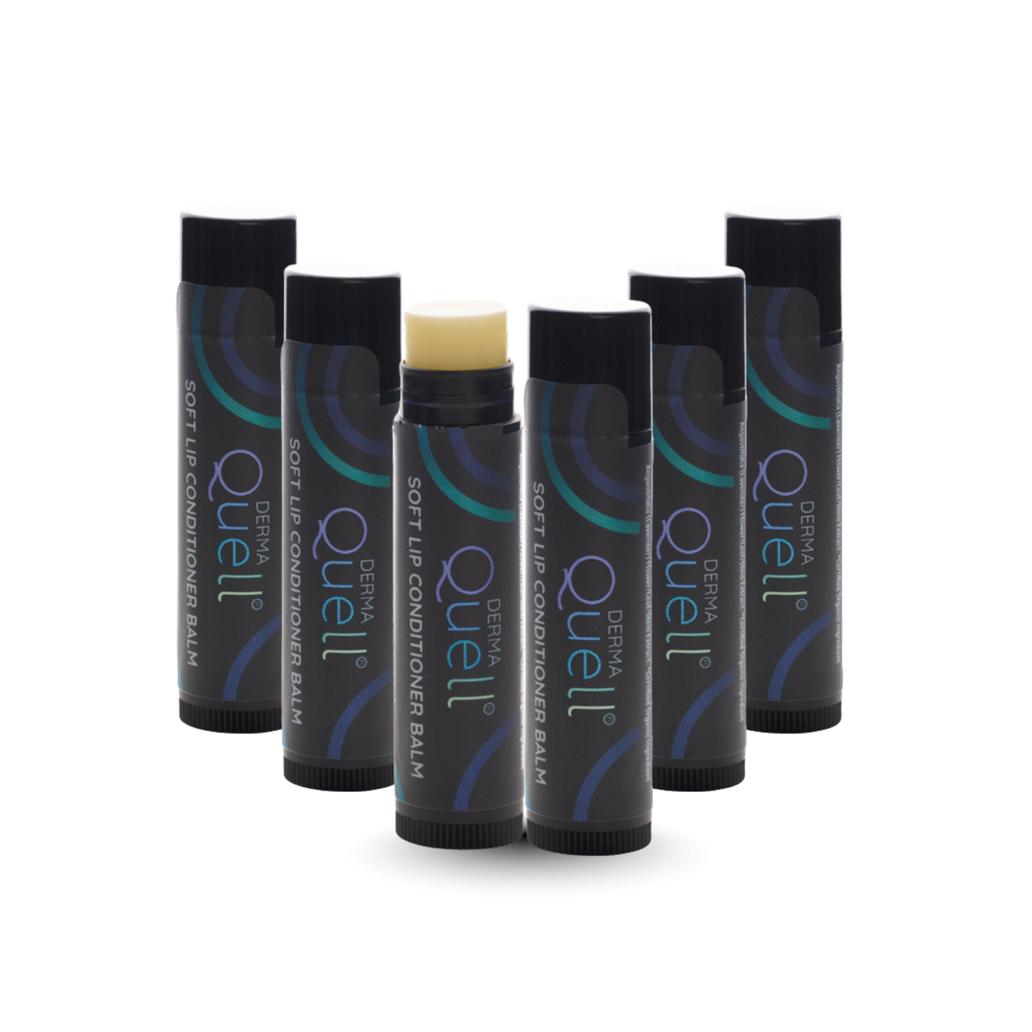 Six lip balm tubes with cap removed on one tube revealing an untinted lip balm 