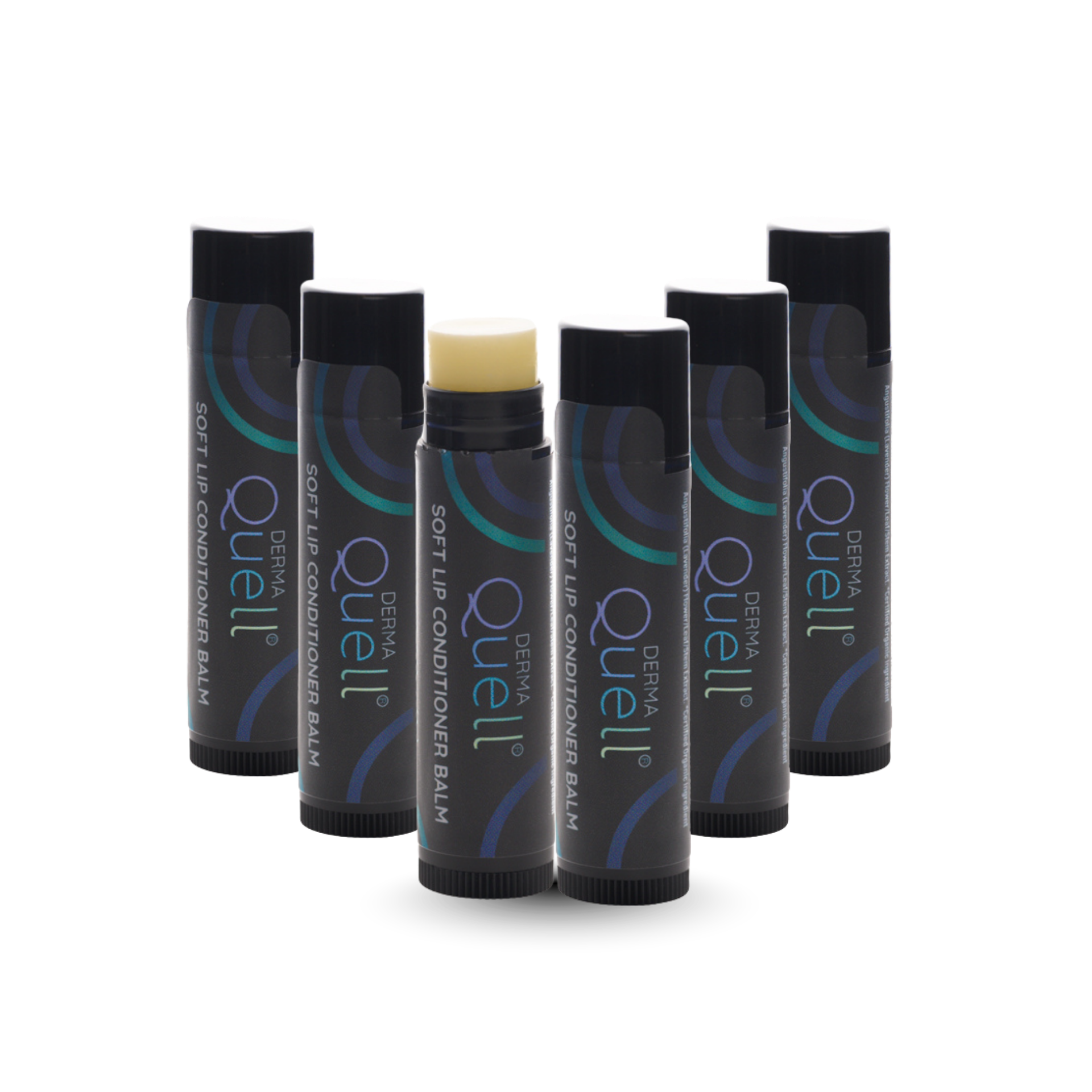 Six lip balm tubes with cap removed on one tube revealing an untinted lip balm 