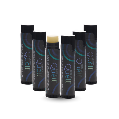 Six lip balm tubes with cap removed on one tube revealing an untinted lip balm 