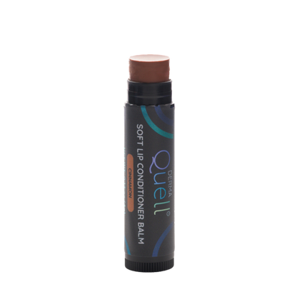 Single lip balm tube with DermaQuell branding with cap removed revealing a brown toned lip balm