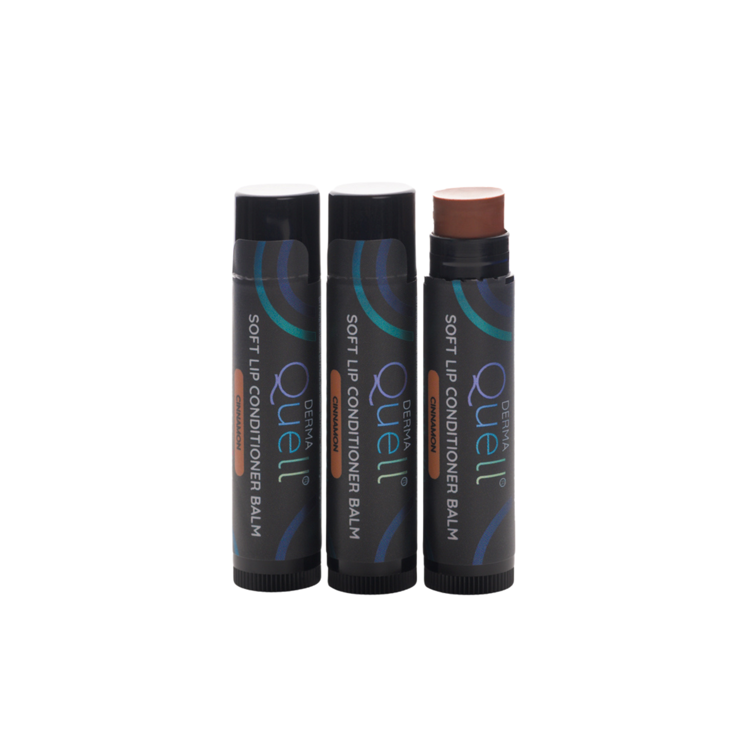 Three lip balm tubes with DermaQuell Soft Lip Conditioner Balm Cinnamon branding with cap removed on one tube revealing a brown toned lip balm