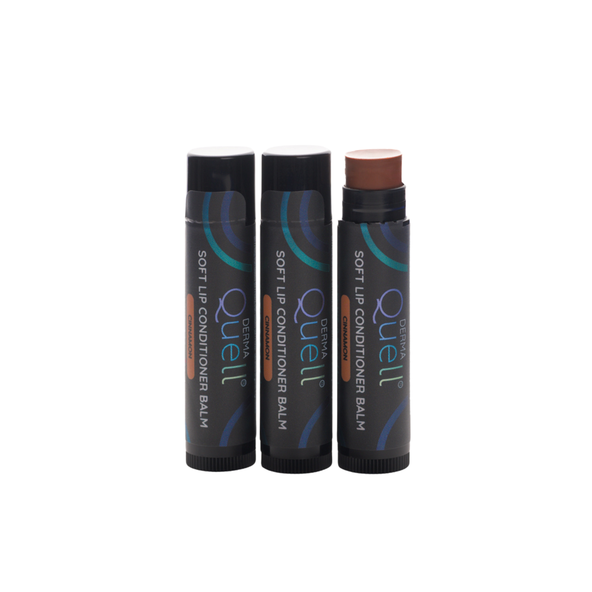 Three lip balm tubes with DermaQuell Soft Lip Conditioner Balm Cinnamon branding with cap removed on one tube revealing a brown toned lip balm
