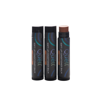 Three lip balm tubes with DermaQuell Soft Lip Conditioner Balm Cinnamon branding with cap removed on one tube revealing a brown toned lip balm