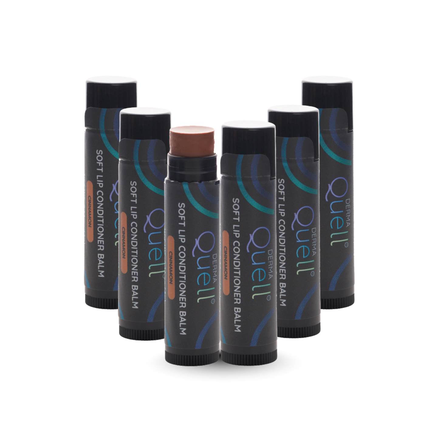 Six lip balm tubes with DermaQuell Soft Lip Conditioner Balm Cinnamon branding with cap removed on one tube revealing a brown toned lip balm