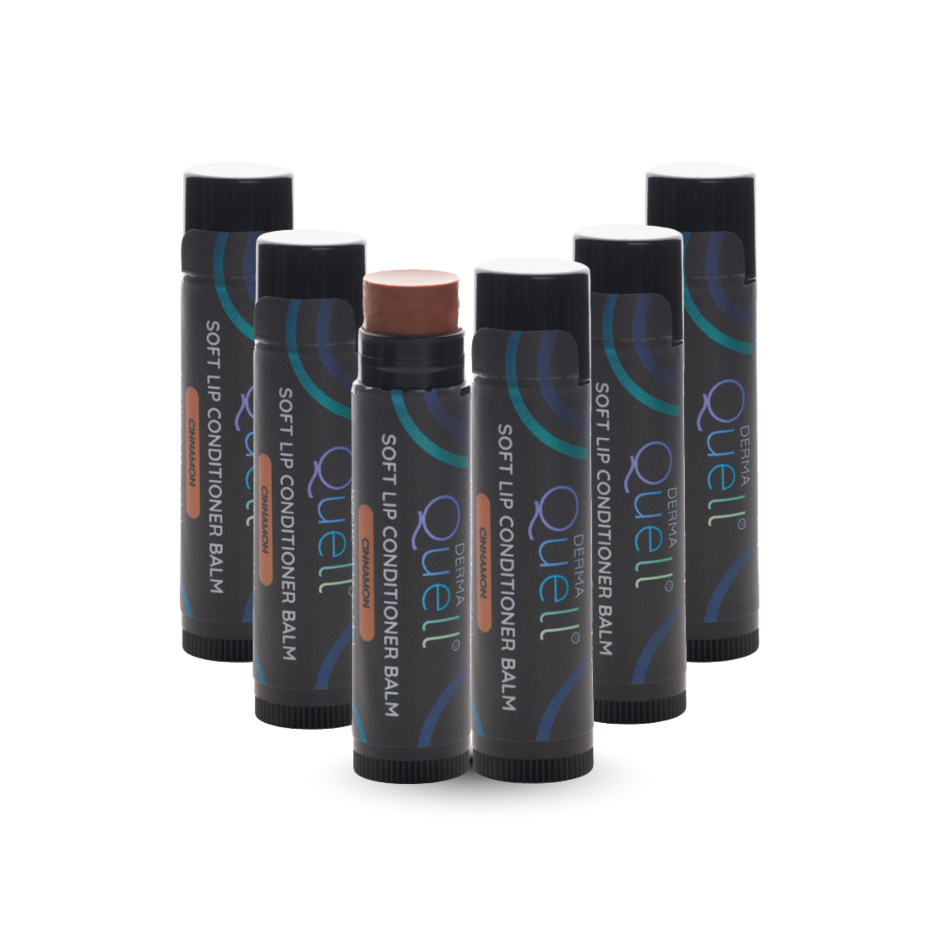 Six lip balm tubes with DermaQuell Soft Lip Conditioner Balm Cinnamon branding with cap removed on one tube revealing a brown toned lip balm