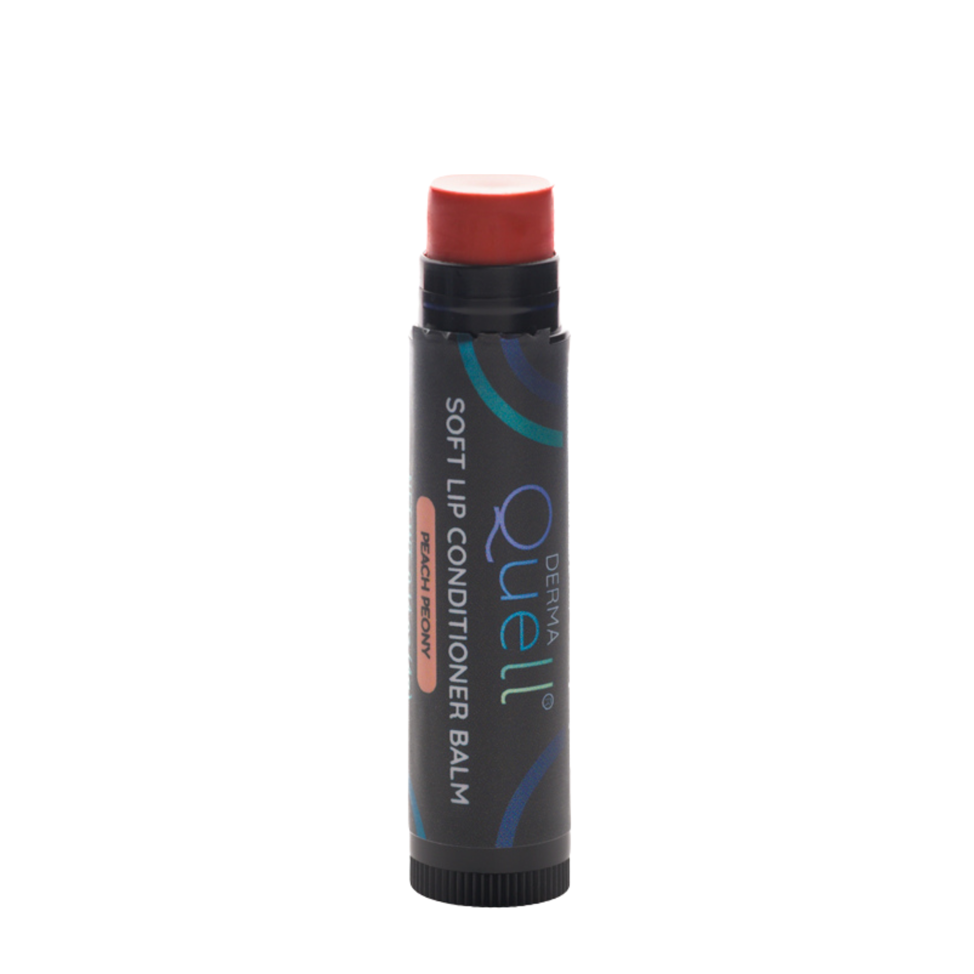 Single lip balm tube with DermaQuell Soft Lip Conditioner Balm Peach Peony branding with cap removed revealing a pink toned lip balm