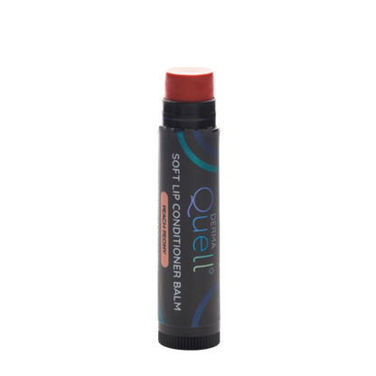 Single lip balm tube with DermaQuell Soft Lip Conditioner Balm Peach Peony branding with cap removed revealing a pink toned lip balm
