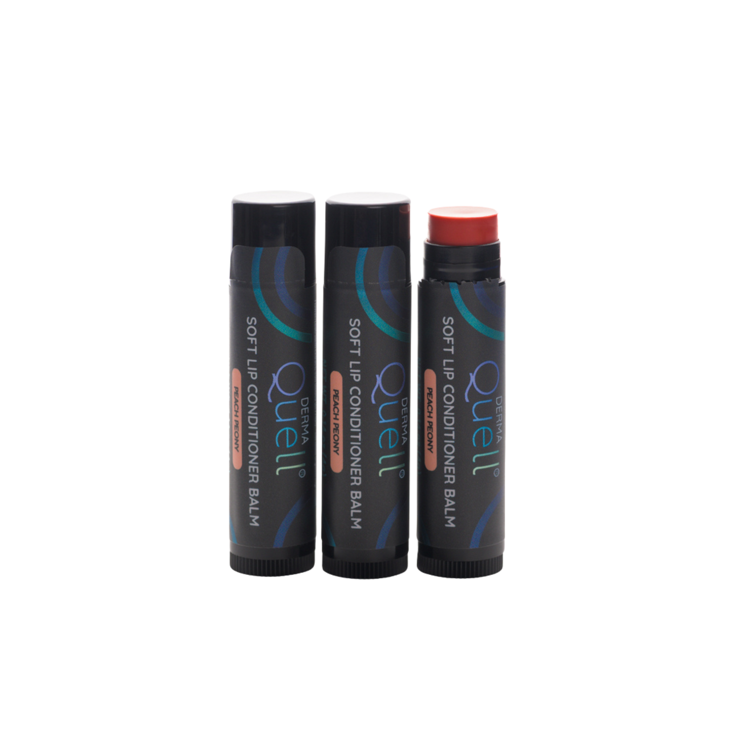 Three lip balm tubes with DermaQuell Soft Lip Conditioner Balm Peach Peony branding with cap removed on one tube revealing a pink toned lip balm
