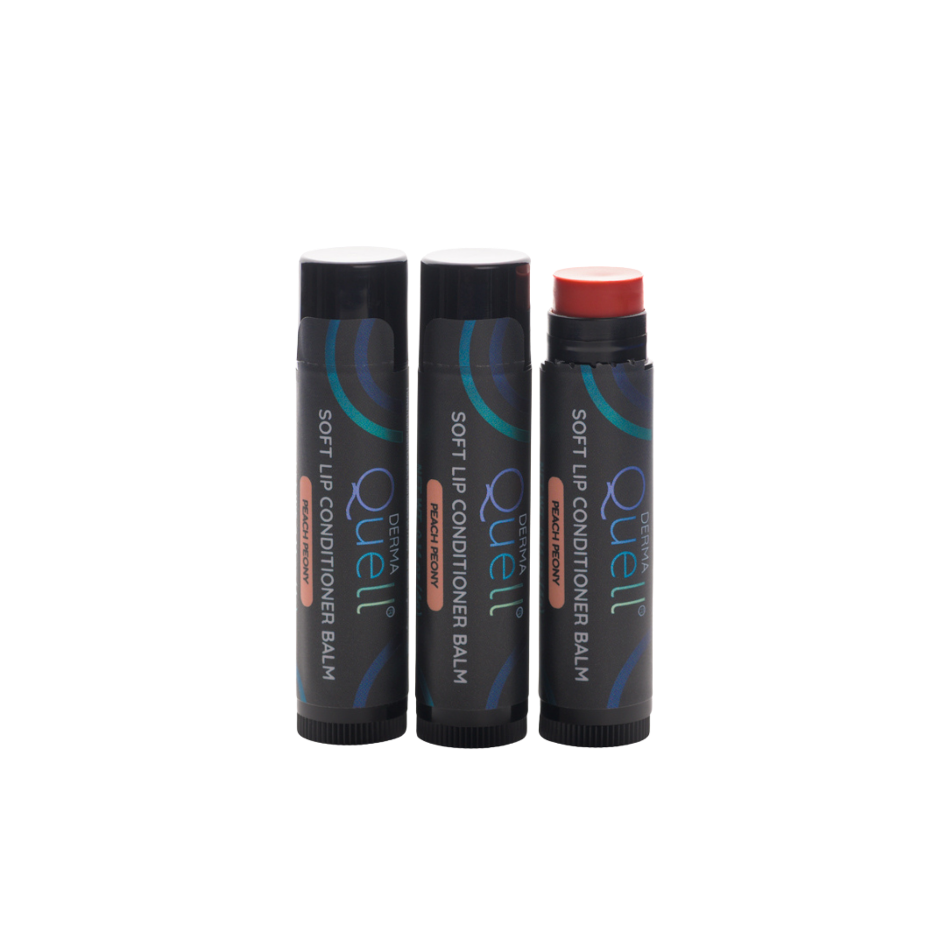 Three lip balm tubes with DermaQuell Soft Lip Conditioner Balm Peach Peony branding with cap removed on one tube revealing a pink toned lip balm