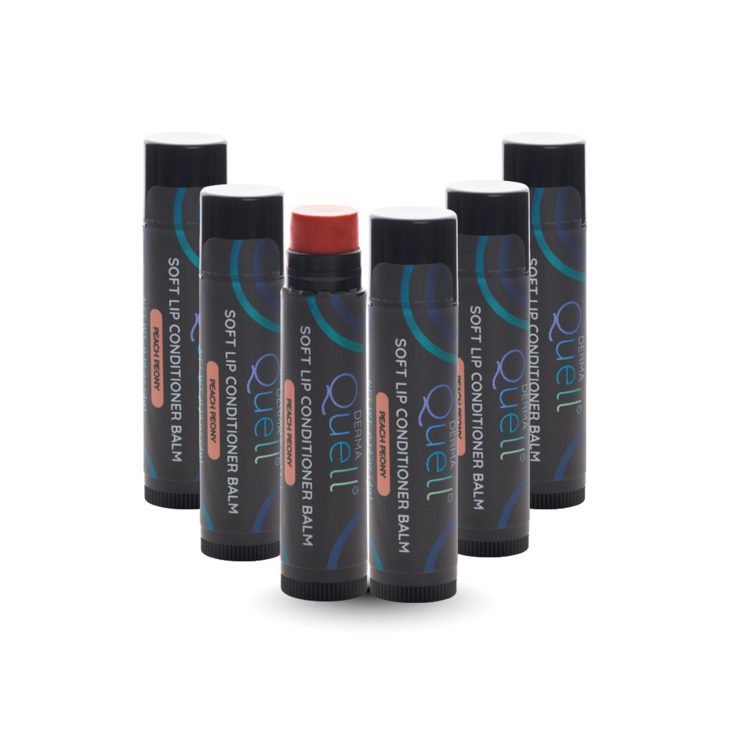 Six lip balm tubes with DermaQuell Soft Lip Conditioner Balm Peach Peony branding with cap removed on one tube revealing a pink toned lip balm