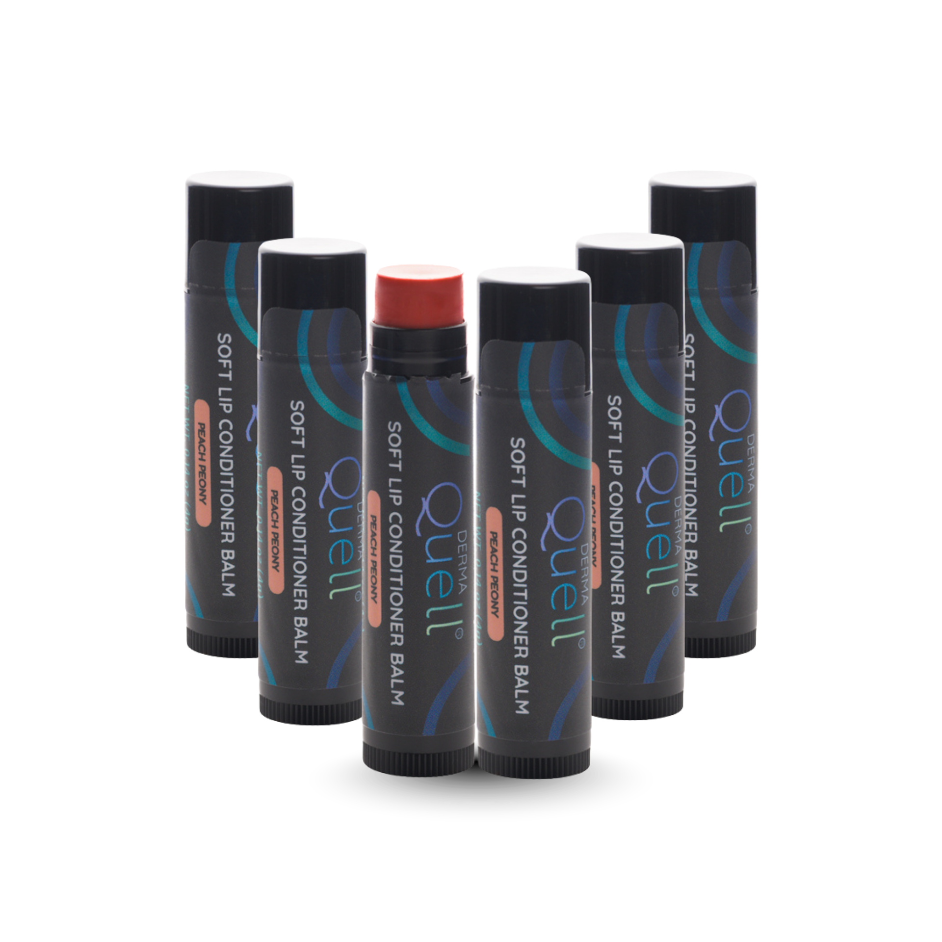 Six lip balm tubes with DermaQuell Soft Lip Conditioner Balm Peach Peony branding with cap removed on one tube revealing a pink toned lip balm